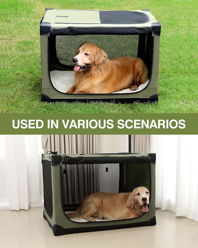 24-Inch Collapsible Travel Dog Crate, Portable 4-Door Soft Kennel for Medium to Large Dogs, Chew-Proof Mesh Windows, Indoor/Outdoor Use, Foldable, with Storage Bag (Green)