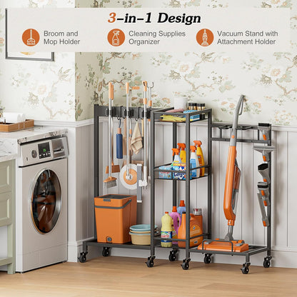 Broom Holder with Cleaning Supplies Organizer, Broom Closet Storage Cabinet with Cleaning Caddy Vacuum Stand, Cleaning Cart with Mop Hanger Gripper Rack Hook, Laundry Room Organization Home Essentials