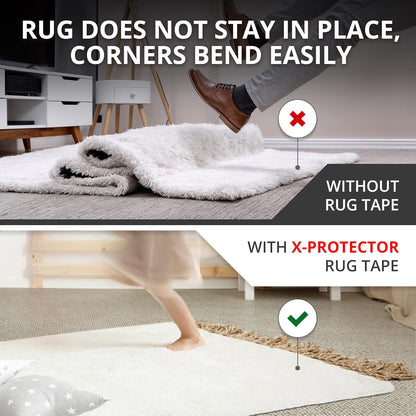 X-Protector Rug Tape for Carpet - 16 Pcs Set - White Anti-Slip & Anti-Curling Carpet Tape for Rugs - Premium Rug Pad Gripper - Ideal Carpet Corner Grippers to Keep Your Rugs & Make Corners Flat