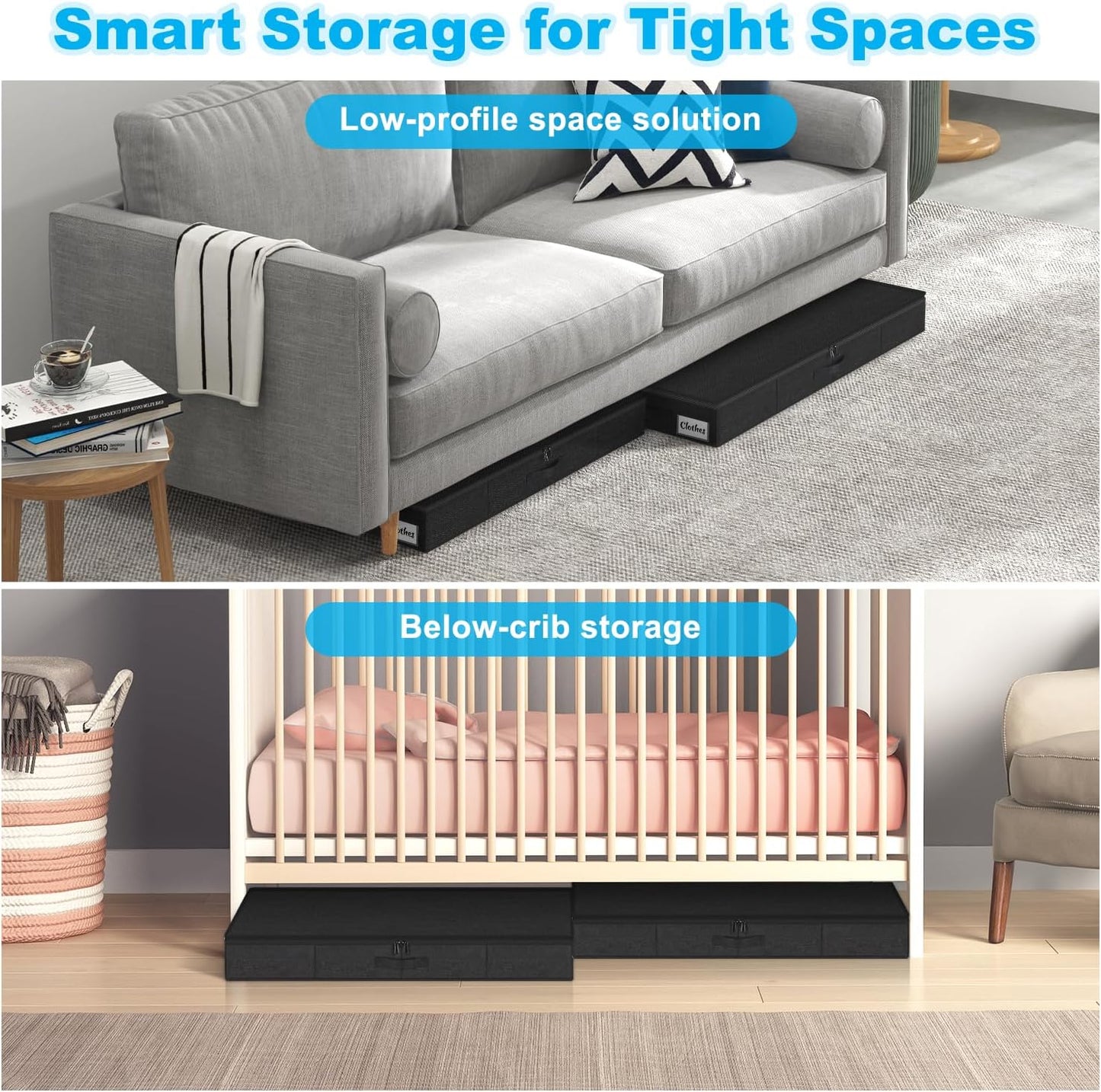 Under Bed Storage Container Bins 2 Pack, 4.5 Inch Slim Low Profile Underbed Clothes Storage Organizer for Dorm & Home, Use for Blanket and Toy Storage Box W/ Sturdy Bottom/Sides, Foldable Thick Fabric