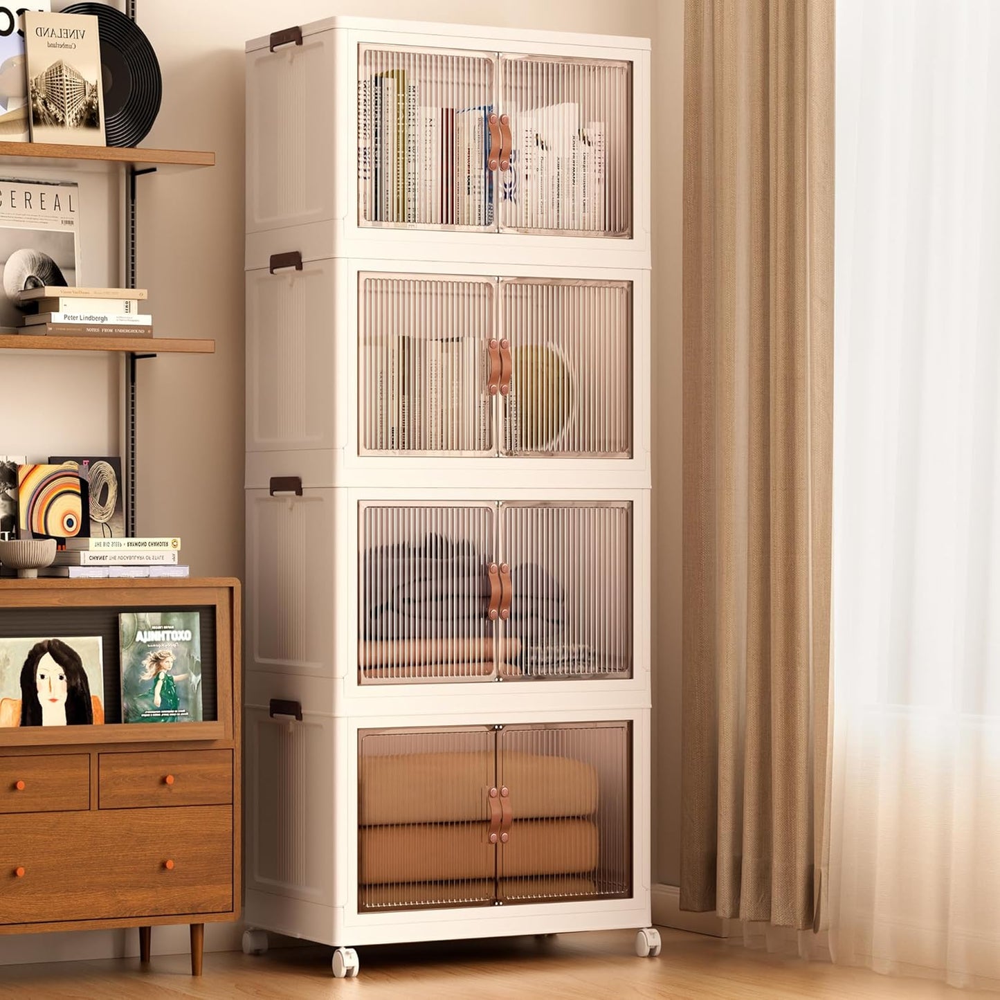 Jalove 50QT Plastic Storage Bins with lids, Stackable Collapsible Storage Containers with Wheels, Closet Organizer and Storage Drawers, Clothes Storage Cabinet for Home Office Garage, 4 Pack White