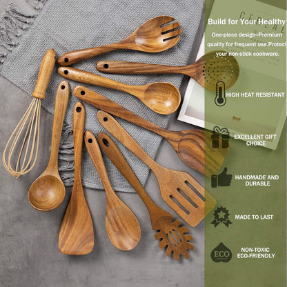 AIUHI 10 Pack Wooden Spoons for Cooking, Teak Wood Kitchen Utensils Set for Non Stick Use, Spatula Set for Stirring, Baking, Non Stick Wooden Utensils for Kitchen
