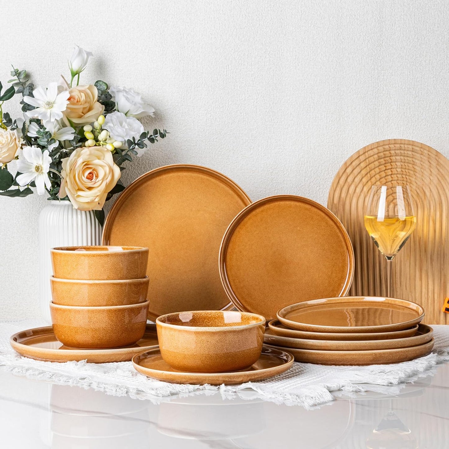 GBHOME Ceramic Dinnerware Sets for 4, 12 Pieces Stoneware Plates and Bowls Sets, Scratch Resistant Dishes, Dishwasher & Microwave Safe, Reactive Glaze-Amber
