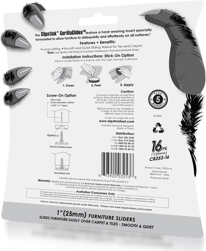 GorillaGlides 1 Inch Chair Sliders/Furniture Floor Protectors (16 Furniture Glides) Self-Adhesive Screw On Chair Glides for Sliding on Low-Pile Carpet & Hard Surface Floors, Round