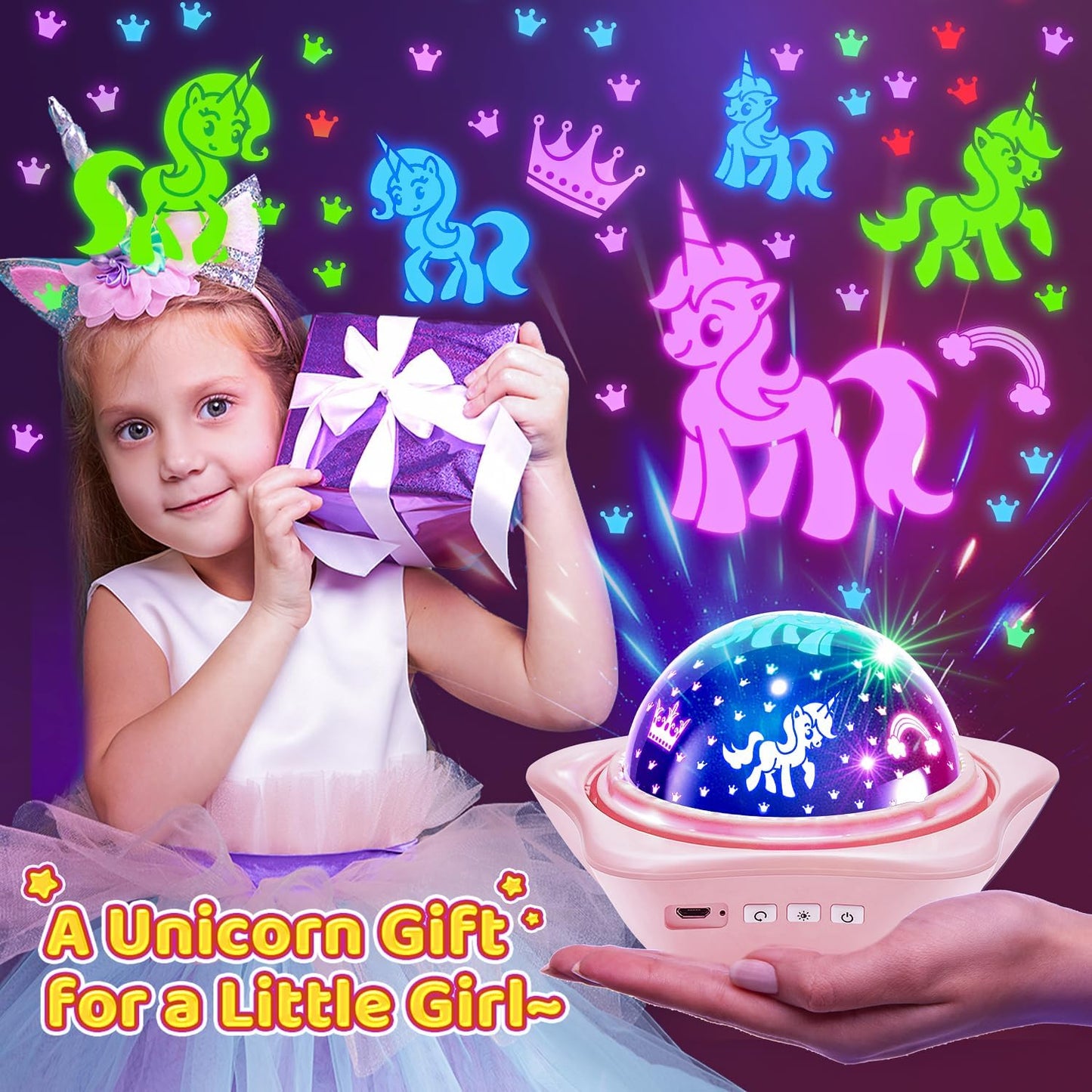 One Fire Unicorns Gifts for Girls Toys, 6 Films Unicorn Night Light Projector for Bedroom,Rechargeable Night Light for Girls Gifts,360° Rotating Butterfly Lamp,Unicorn Toys Mermaid Toys Princess Gifts