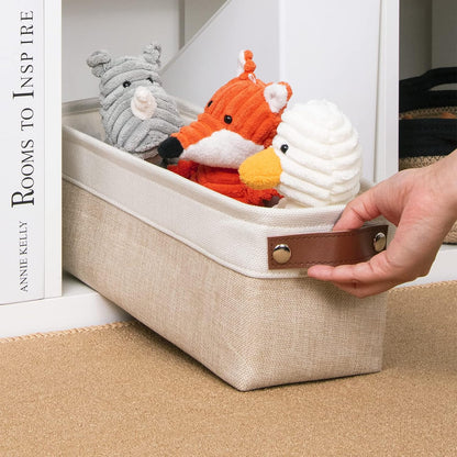 DULLEMELO Fabric Bathroom Storage Bin with Leather Handles, Narrow Organizer for Towels, Toilet Paper Rolls, Storage Basket for Back of Toilet, Vanities, Shelves & Cabinets (White&Khaki)