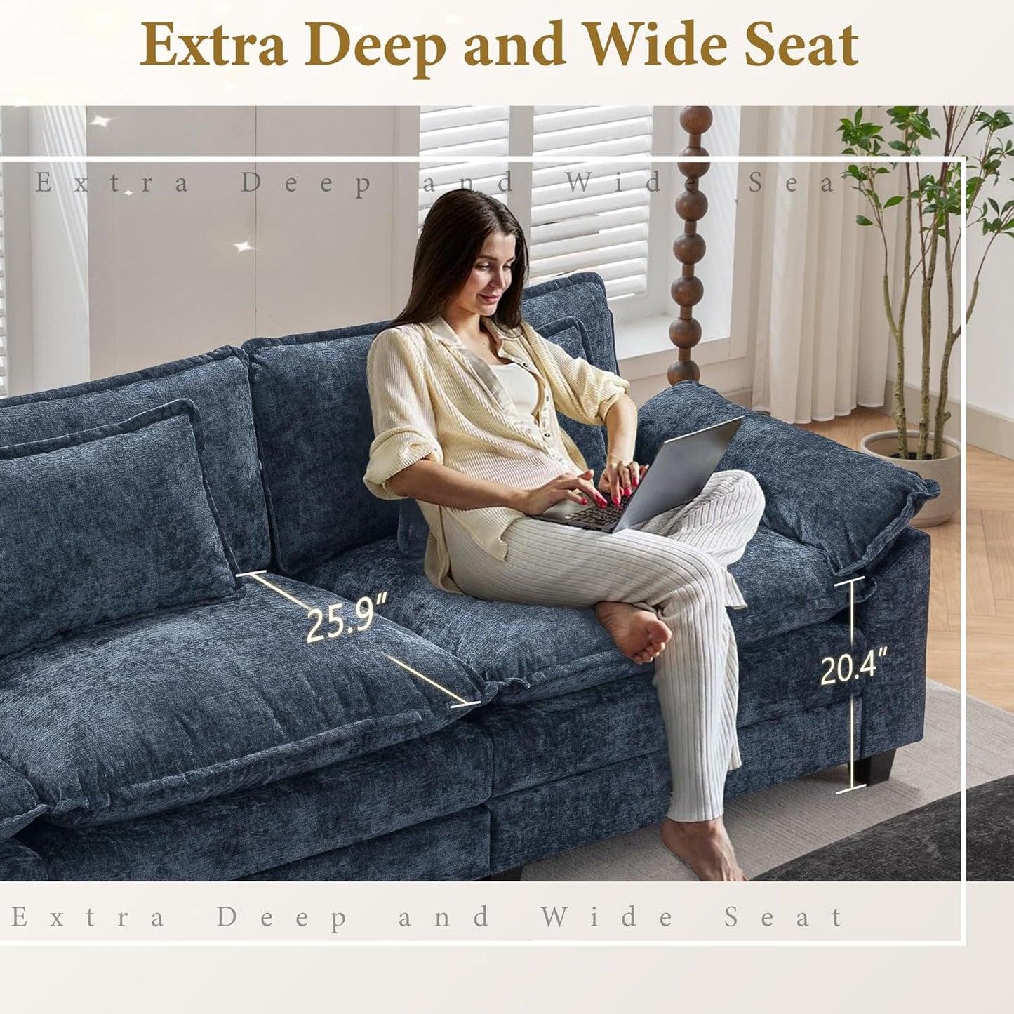 URRED Modular Sectional Sofa Comfy Cloud Couch, Modern Chenille Sofa Sleeper Deep Seat Couches with Ottoman/Pillows for Living Room (Blue, 117'' - U Shape)