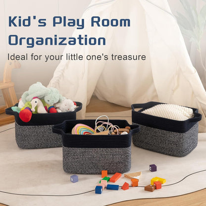 Storage Basket for Organizing, Woven Baskets for Storage, Rectangle Decorative Baskets for Shleves, Closet, Toys, Books, Nursery Organizer Bins - Pack of 3 (Blue & Black)