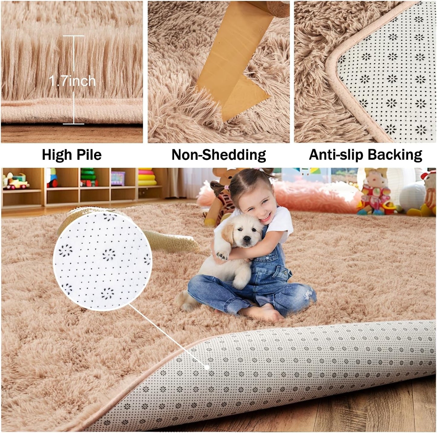 Rezutan Rugs for Living Room, Area Rug 6x9 Fluffy Rug Carpet, Soft Shaggy Modern Floor for Kids Boys Girls Bedroom, Plush Fuzzy Dorm Rug,Camel