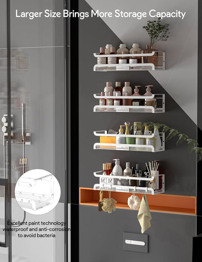 Spice Rack Wall Mount with Hooks - Spice Racks Organizer for Cabinet Storage, Wall Mounted Hanging Shelf Seasoning Organizer, for Kitchen, Pantry Door, Bathroom (White, 4 Pack)