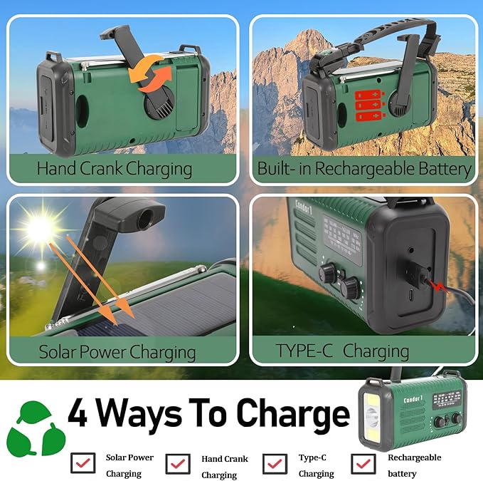 20000mAh/74000mWh Emergency Hand Crank Radio, NOAA Weather Radio with Am Fm NOAA, Solar Battery Operated Radios with Flashlight Cell Phone Charger, SOS Alarm, Compass &Reading lamp