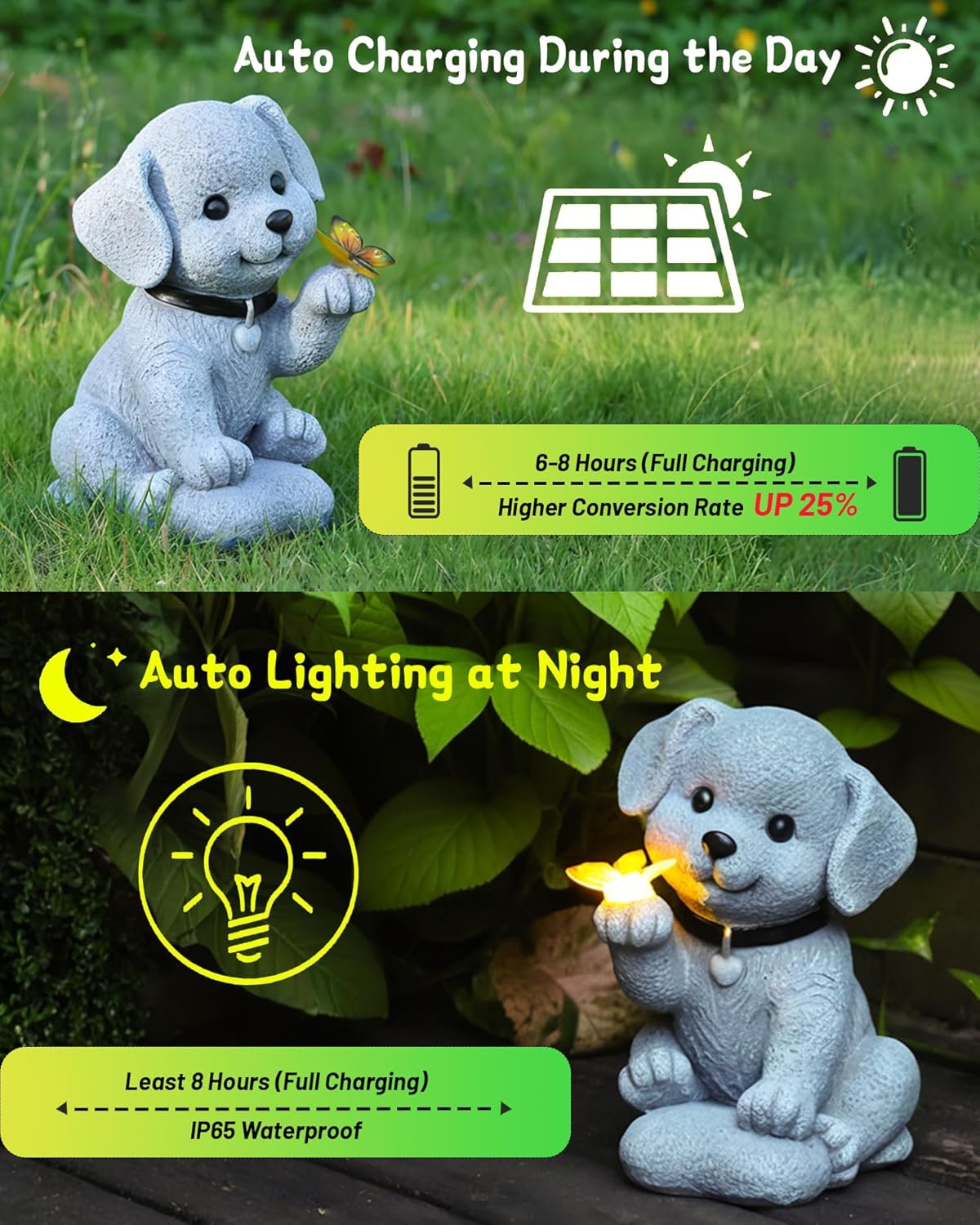 Solar Garden Statue Decor,Animal Solar Lights Outdoor Waterproof,Solar Garden Decorative Lawn Patio, Balcony, Yard Ornament Unique Housewarming Gifts (Dog Butterfly)