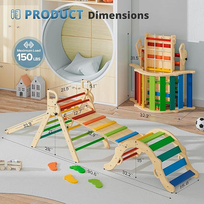 BlueWood 10-in-1 Pikler Triangle Set, Toddler Climbing Toys Indoor, Montessori Climber, Baby Jungle Gyms with Arch, Extra Rope Ladder & Footprint Balance Beam - Neon Aurora