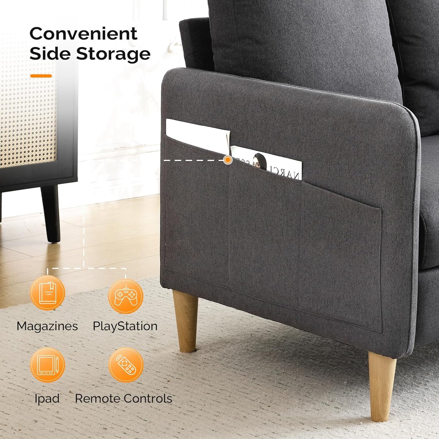 VINGLI 47" Small Couch, Dark Grey Linen Loveseat Sofa Mini Couch Mid Century Modern Decor Love Seat for Small Spaces Living Room, Bedroom, Play Room