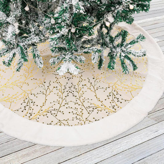 White-Gold Christmas Tree Skirt, White Faux Fur Plush Trim, Embellished with Golden Branches Pattern, Big Thick Velvet Xmas Tree Mat for Home Decoration, Gold Santa Skirt for Trees