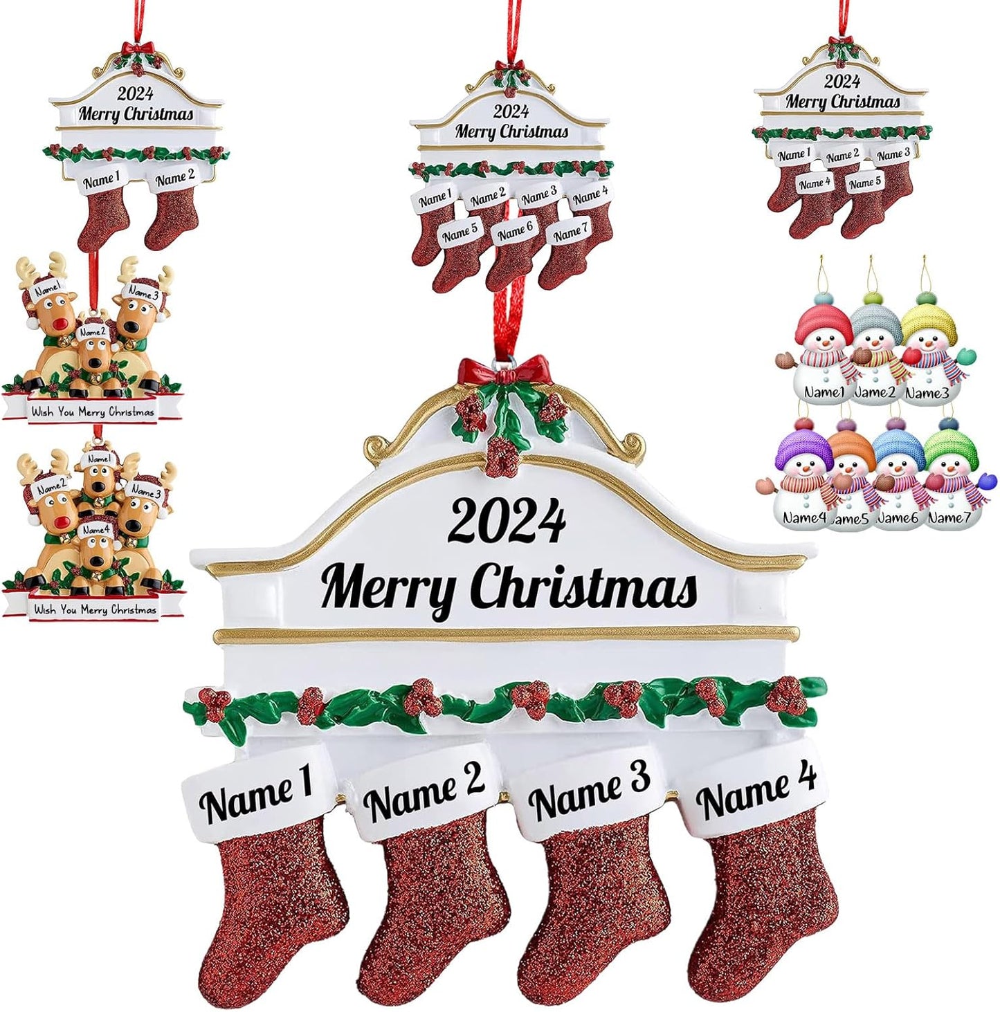 Personalized Christmas Ornaments Family of 2,3,4,5,6,7,8 Custom Christmas Stocking Ornaments with Names, Customized Xmas Day Home Christmas Tree Decora- Family of 4