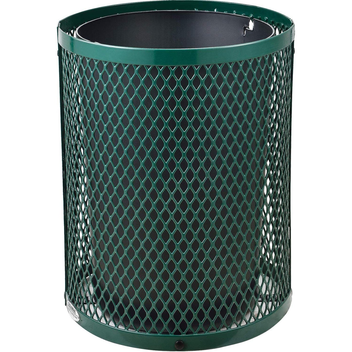 Global Industrial Outdoor Diamond Steel Trash Can with Rain Bonnet Lid and Plastic Liner, 36 Gallon Capacity, Green, Thermoplastic Coating, 23-1/2" Diameter, 40-1/2"H