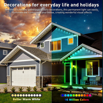 100ft Permanent Outdoor Lights,for House Roof, Christmas, Holiday, Party, Daily Lighting, IP67 Waterproof,RGB Eaves Lights with Multi Scene Modes for Halloween