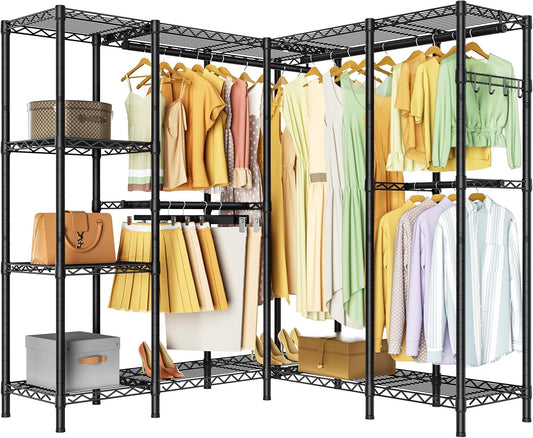 L Shaped Heavy Duty Metal Clothes Rack for Hanging Clothes,Freestanding Garment Rack Closet Wardrobe Rack Clothing Rack with 4 Hanging Rods & 1 Side Hook,50"Lx 50"Wx 76.4"H,Max Load 1100LBS