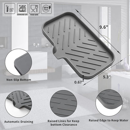 Silicone Bathroom Soap Dishes with Drain Spout-Bathroom and Kitchen Sink Organizer,Sponge Holder,Dish Soap Tray,Perfect for Dispenser,Scrubber,Bottle,Cup on Sink or Counter-Grey 9.6"×5.3"