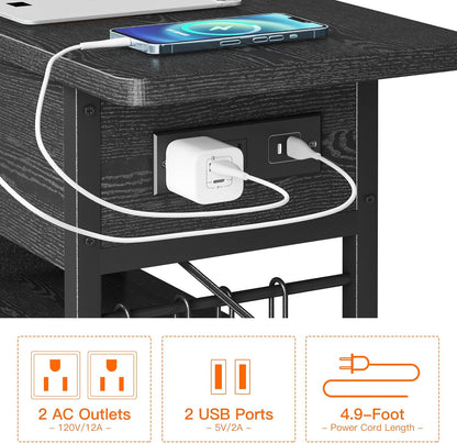 End Table with Charging Station, Flip Top Nightstand with USB Ports and Outlets,Couch Side Table with Fabric Bag and Hooks, Bedside Table for Space Saving, Living Room, Bedroom (Black)