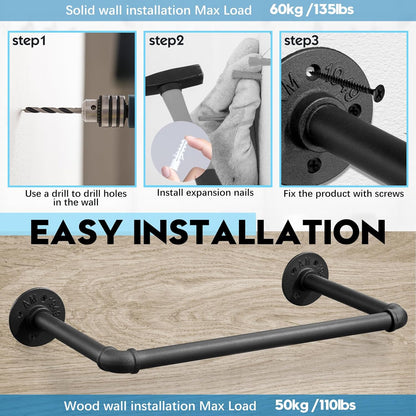 Industrial Pipe Clothes Rack Set of 2, 21” Heavy Duty Wall Mounted Clothing Rack Multi-Purpose Garment Bar, Space-Saving Hanging Rod for Laundry Room,Closet Storage