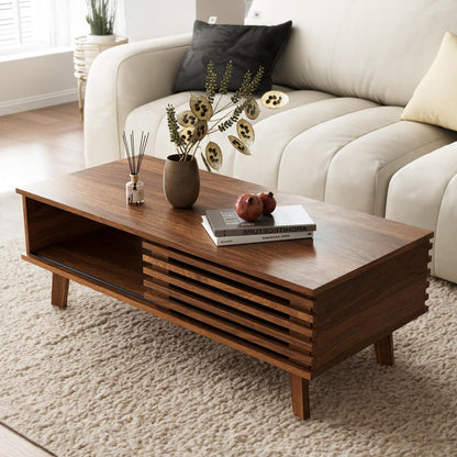 Mid Century Coffee Table with Storage & Sliding Fence Door, Modern Coffee Tables for Living Room, Walnut Finish