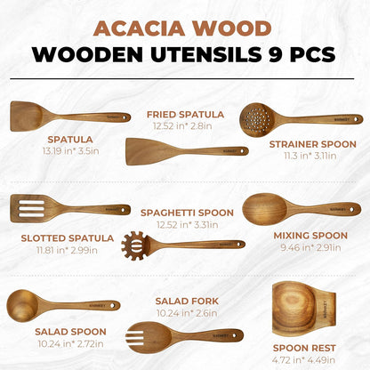 Acacia Wood Kitchen Utensil Set 9PC-Natural Wooden Cooking Tools for Nonstick Pans&Stir Frying,Scratch-Proof&Heat Resistant,Sturdy&Lightweight with Spoon Rest (Kitchen Utensil Set 9PC)
