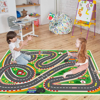 Kids Rug Play mat Playroom Rugs Car Rugs for Kids Toy Cars Race Track for Classroom Rug (Race-Green, 5.2x7.9ft)