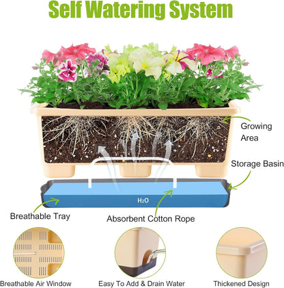 Window Box Planter 8 Pcs, 17 Inches Rectangle Flower Pots with Drainage Holes and Trays, Vegetable Planters for Windowsill Patio Garden Balcony Home Porch Yard Indoor Outdoor (Barley Yellow)