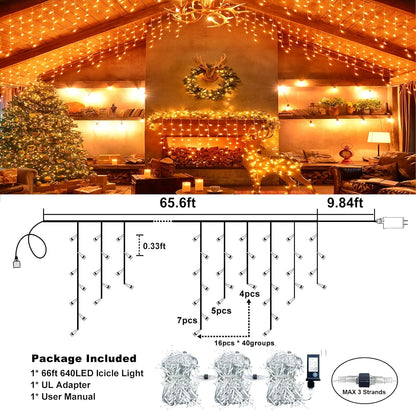 Orange Halloween Lights Outdoor, 66FT 640 LED Icicle Lights for Outside with 8 Modes Timers, Waterproof Plug in Twinkle String Light for House Yard Eave Patio Party Holiday Decorations