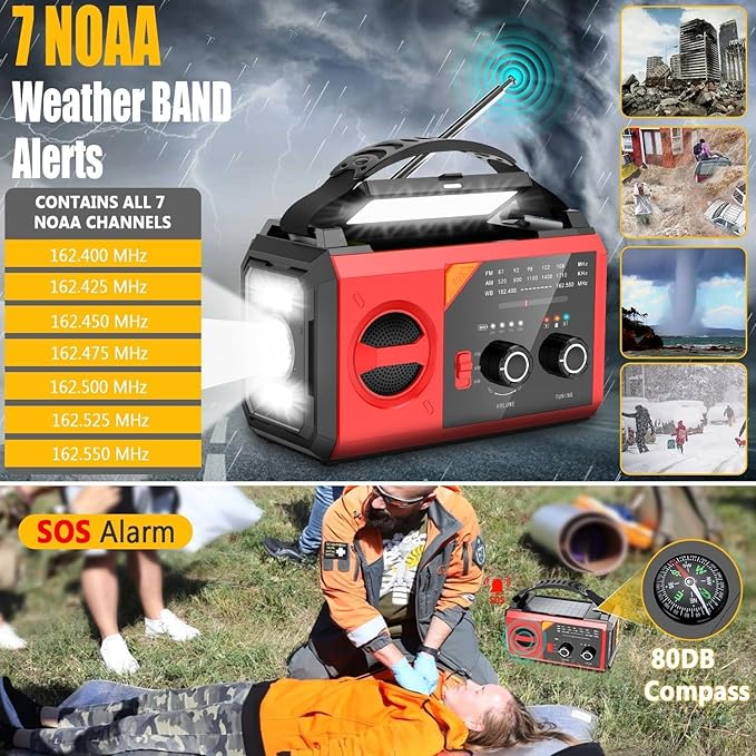 30000mAh Emergency Weather Radio with Wireless Speaker, 111000mWh NOAA/AM/FM Hand Crank Solar Radio with Flashlight Cell, Phone Charger, Compass, Reading Lamp, SOS Alarm