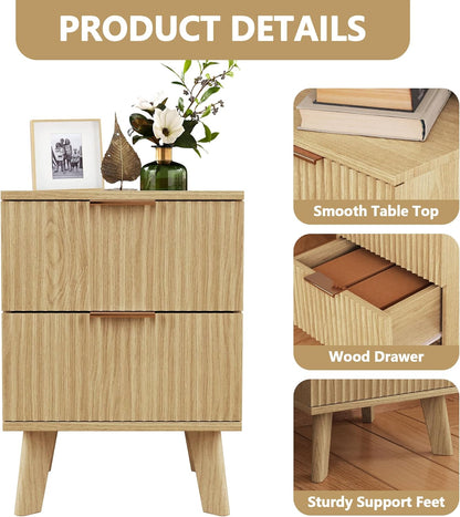 Fluted Nightstands Set of 2, Mid Century Modern 2 Drawer Dresser for Bedroom, Small Night Stand Side Table End Table with Wood Drawer Storage for Bedroom Closet, Natural