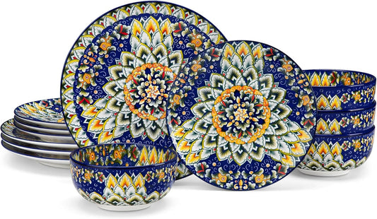 vancasso 12 Pieces Dinnerware Sets, Blue Plates and Bowls Set, Porcelain Dishes Set for 4, Microwave and Dishwasher Safe, Scratch Resistant, Bohemian Style Dining Ware Service for 4, Series SIMI