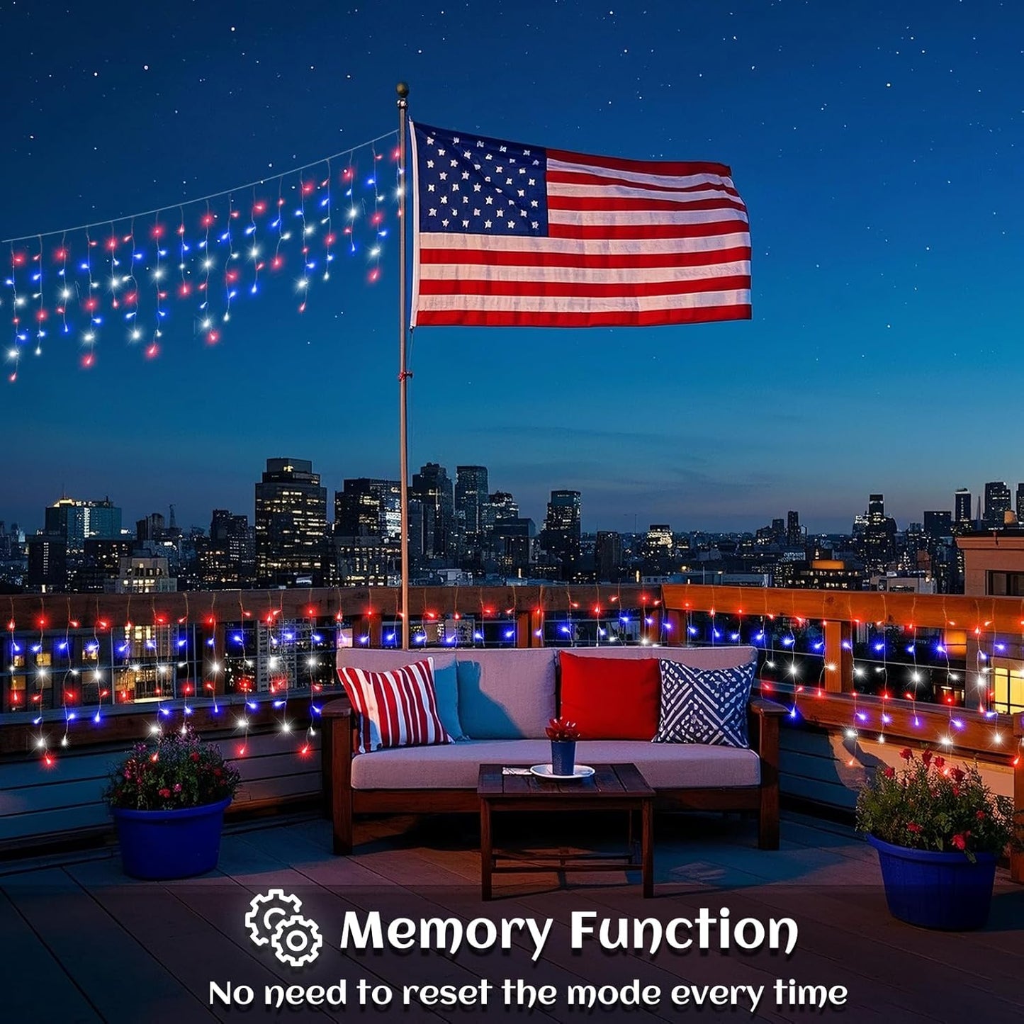 Red White and Blue Lights for 4th of July Decor, 66ft Icicle Lights for Outside Independence Day Decoration, 640 LED Christmas Light Outdoor Indoor with 120 Drops Clear Wire Connectable for Holiday