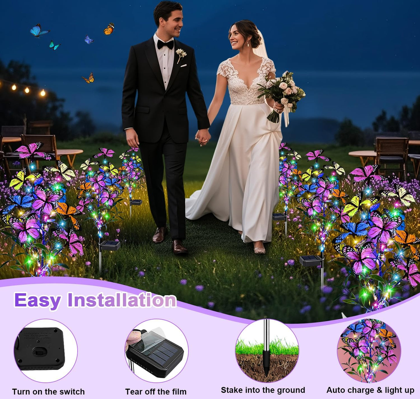 Solar Garden Lights Outdoor Waterproof Garden Decor, 4 Pack Upgraded 240 LED 54 Butterfly Colorful Outdoor Solar Decor for Yard Patio Gifts for Womens Mom (4 Pack Butterfly)