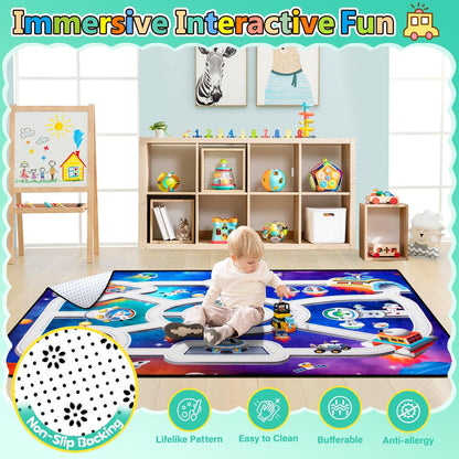 Kids Rug, Space Themed Baby Play Mat, 4x6 Ft Playroom Rug, Colorful Cartoon Outer Space, Planet, Rocket, Spaceship Road Carpet for Playroom, Educational Learning Carpet for Kids Mat