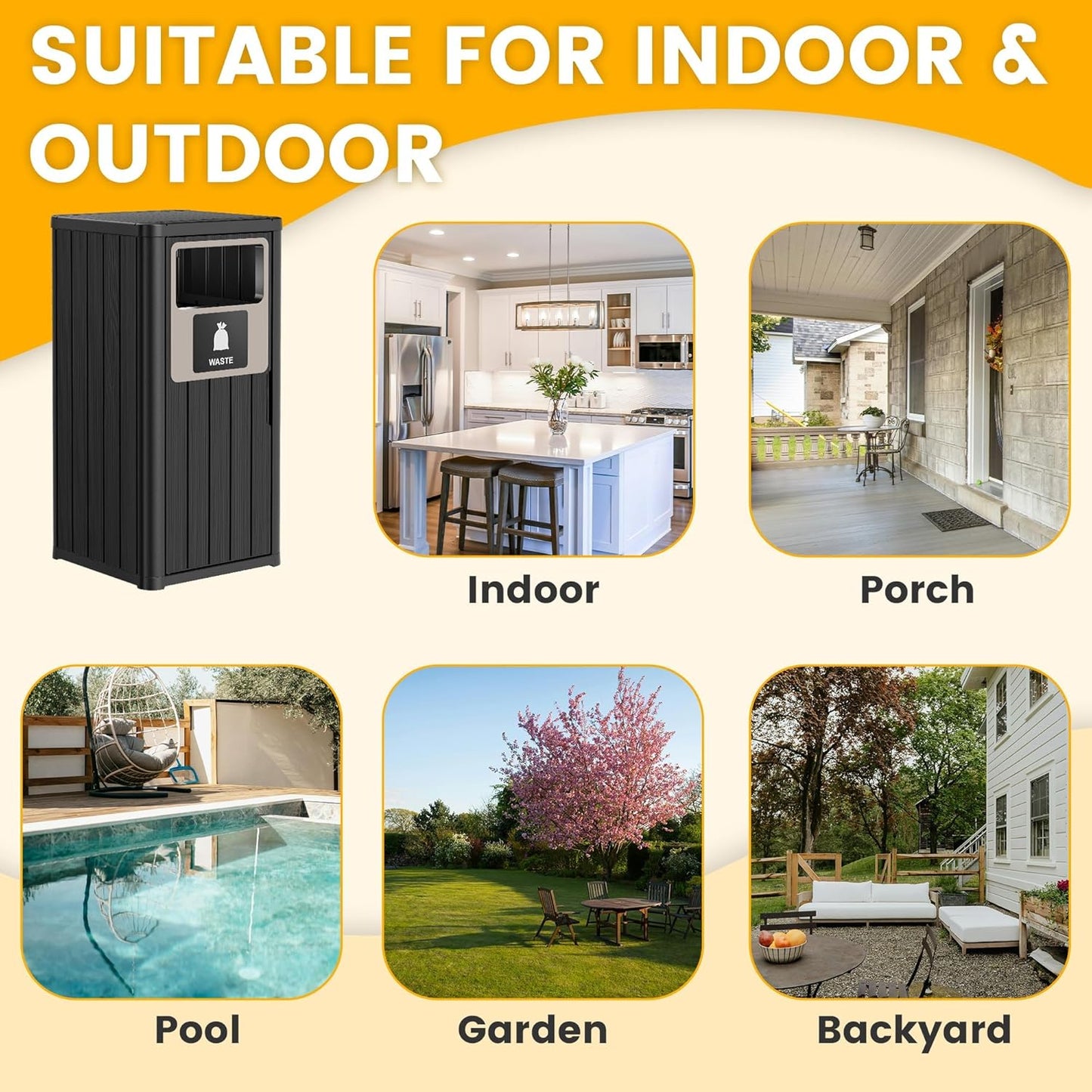 22 Gallon Outdoor Trash Can Waterproof Resin Patio Garbage Can for Outdoor Trash Bin for Patio, Garden,Black