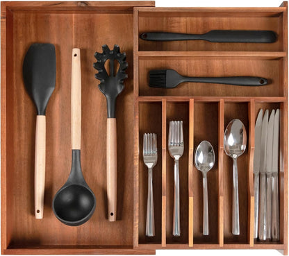 Premium Silverware, Flatware and Utensil Organizer for Kitchen Drawers, Food-Safe Contract Grade, Expandable from 10.5 to 19 In, Natural Acacia