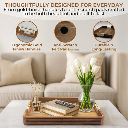 Acacia Wood Serving Tray with Metal Handles  – 17x12in Rustic Decorative Ottoman & Coffee Table Tray for Breakfast in Bed, Dinner, Bar, Kitchen, Home Décor & Entertaining