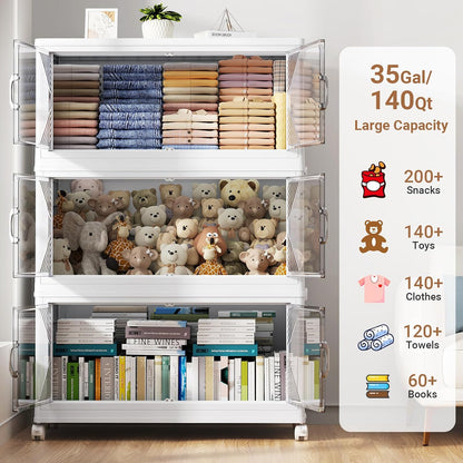 140Gal Plastic Stackable Storage Bins with Lid, 560QT Extra Large Closet Organizers Collapsible Cabinets Boxes with Drawers, Foldable Containers with 4X Wheels for Home Kitchen, V60 4Pack White
