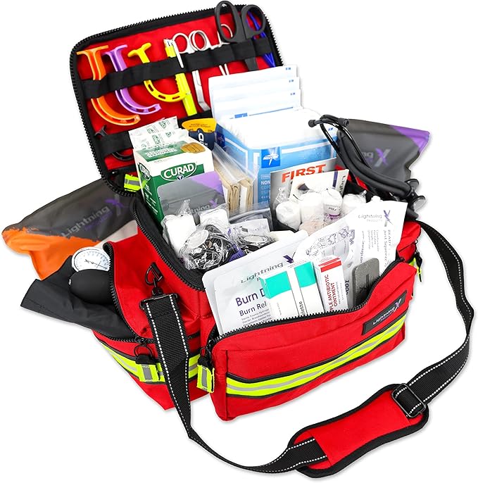 Lightning X Mid-Sized First Responder EMT Bag | LXMB25 | Fully Stocked w/ 240+ First Aid, EMS & Trauma Supplies - RED