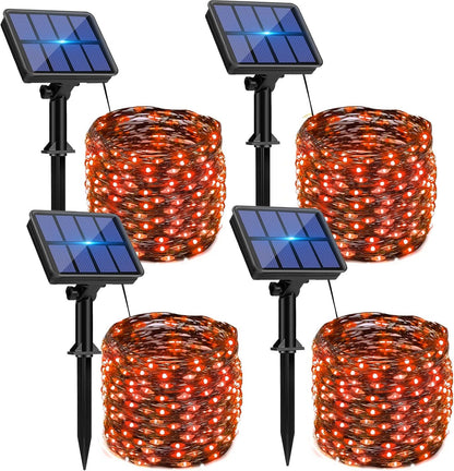 4 Pack Solar Halloween String Lights Outdoor - 320LED 132FT Orange Solar Fairy Lights Outside Waterproof, 8 Modes Solar Powered Twinkle Lighting Decorations for Tree Garden Yard Spooky Patio Party