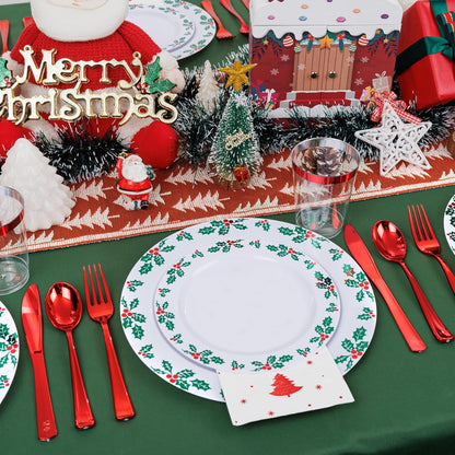 WDF 350pcs Christmas Plates and Napkins Set - Exquisite Holly Design - Christmas Dinnerware Set of 50 Christmas Plastic Plates 50 Red Silverware Set&Cups&Christmas Napkins