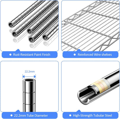 IZEUK 5-Tier Heavy Duty Metal Storage Shelving Unit (Chrome, 17.7" D x 47.2" W x 72.3" H, 1750 lbs Capacity), Adjustable Steel Wire Rack Shelf Organizer for Garage, Kitchen, Pantry, Basement, Laundry