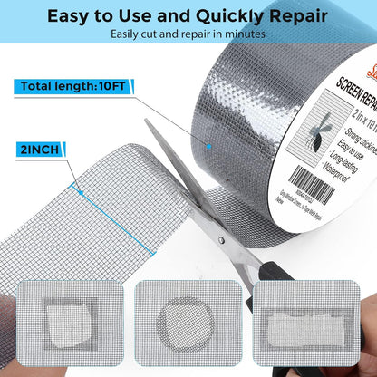 Grey Window Screen Repair Tape, 2IN X 10FT Screen Repair Kit for Windows or Doors, Strong Adhesive Fiberglass Mesh Patch Tape
