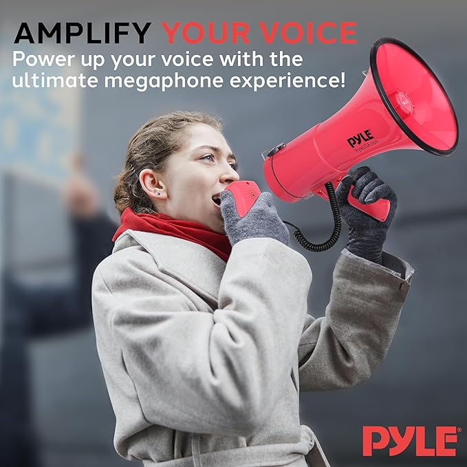 Pyle 50W Megaphone Bullhorn - Portable, Automatic Siren & Adjustable Volume, Projection Range Up to 1200 Square Yards, Aux Input, Talk, Siren, Music, Whistle, & Record, Shoulder Strap (Black)