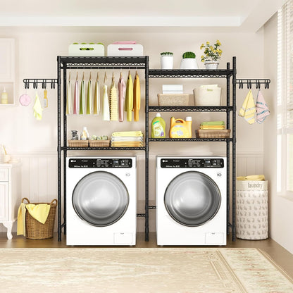 Ulif 65.3" W x 13.4" D x 77.5" H Clothes Drying Rack, 5 Tiers Over Washer and Dryer Laundry Room Storage and Organizer, Heavy-Duty Space Saver, Black