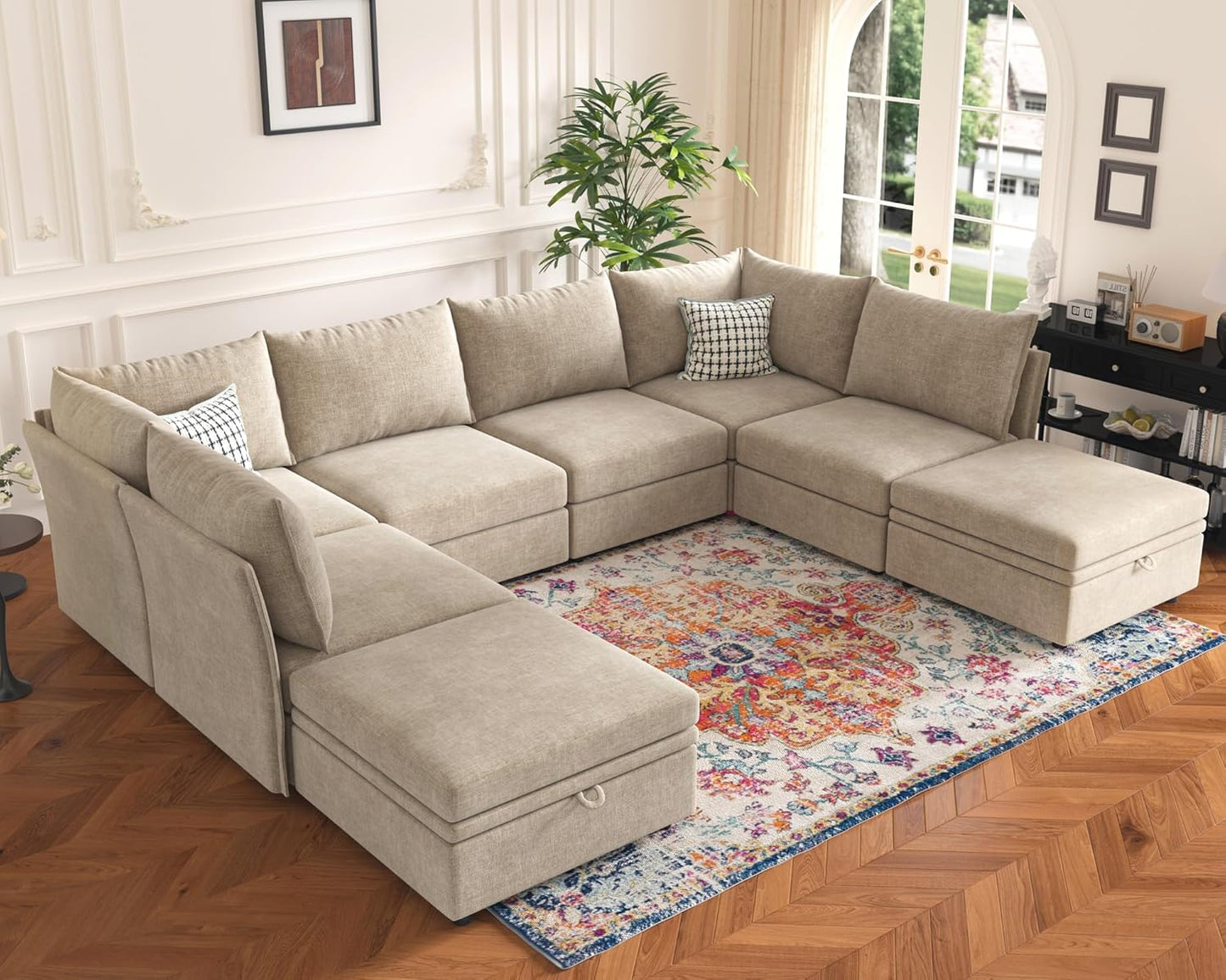 136.4" Oversized Modular Sectional Sleeper Sofa Bed, U Shaped Convertible Couch with Movable Ottoman, Large 8 Seat Corner Couches for Living Room Deep Seat Beige Chenille