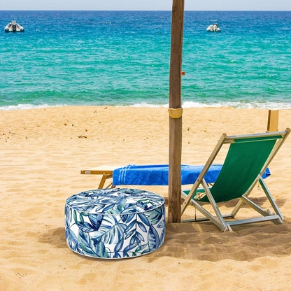 Inflatable Ottoman Stool D21 xH9 for Outdoor/Indoor Use, Water Repellent Patio Foot Rest Stool with Portable Handle,Round Pouf Ottoman Suitable for Garden,Deck and Camping - Leaves Ink Blue